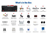 White box with green text showing what’s in the box for Eonon E90X7A CarPlay car radio, including antenna, cables, and accessories.