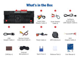 Black Eonon M3BLX7A 9-inch Android 14 car stereo radio with backup camera, USB cables, and accessories in a white box.