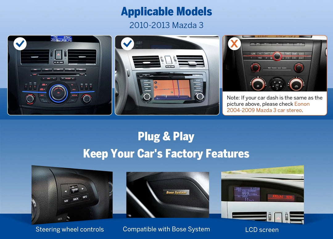 Eonon M3BLX7A 9-inch black Android 14 car stereo with side buttons, shown in blue box with Mazda 3 branding.