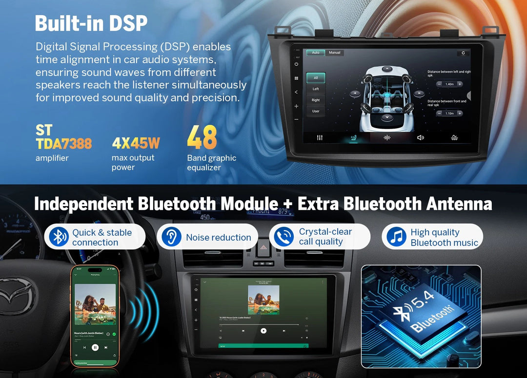 Black Eonon M3BLX7A 9-inch Android 14 car stereo with blue-graphic equalizer, wireless Bluetooth module, and branded antenna.