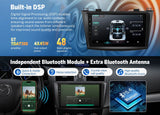Black Eonon M3BLX7A 9-inch Android 14 car stereo with blue-graphic equalizer, wireless Bluetooth module, and branded antenna.