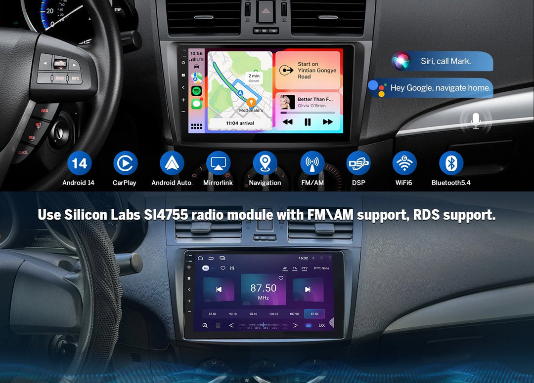 Eonon M3BLX7A 9-inch black Android 14 car stereo with side panel, map, and “Hey Google, navigate home” text.