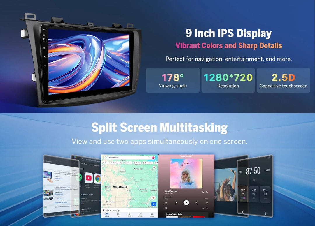 Black Eonon M3BLX7A 9-inch Android 14 car stereo with split screen, showing home apps and navigation.