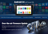 Black Eonon M3BLX7A 9-inch Android 14 car stereo with touchscreen displaying home apps and OTA firmware update text.