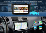 Black Eonon M3BLX7A 9-inch Android 14 car stereo with touchscreen, Google Maps, Apple Map, and Wi-Fi 6 branding.