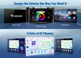 Black Eonon M3BLX7A 9-inch Android 14 car stereo with multicolor screen, button color, and three UI themes.