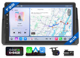 Black 9-inch QLED car radio with Apple CarPlay, Google Maps, Spotify, and “Lovers” by Taylor Swift.