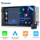 Apple CarPlay and Android Auto 7-inch QLED car radio with black trim, side camera, and colorful app icons.