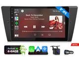 Black 9-inch IPS car radio with side panel, Bluetooth, Apple CarPlay, and Android Auto icons.