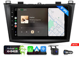 Black 9-inch Android 14 car stereo with touchscreen, Bluetooth, GPS, and side panel.