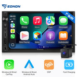Eonon X3 Double 2Din Android Auto CarPlay car stereo with 7-inch LED screen, phone icon, and labeled buttons.