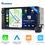 Black 7-inch QLED double 2DIN in-dash car stereo with navigation, music, and camera icon on white EONON screen.