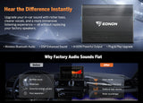 Black Eonon A304 16-pin 50W power amplifier DSP with blue-lit box and “Hear the Difference Instantly” text.