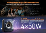 Black Eonon A304 16-pin 50W power amplifier DSP with gold logo, shown in car stereo head unit against blue background.