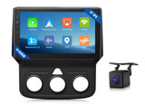 Black 9-inch car stereo with blue-lit screen, side buttons, Bluetooth 5.4, and “CarPlay” and “Android Auto” icons.