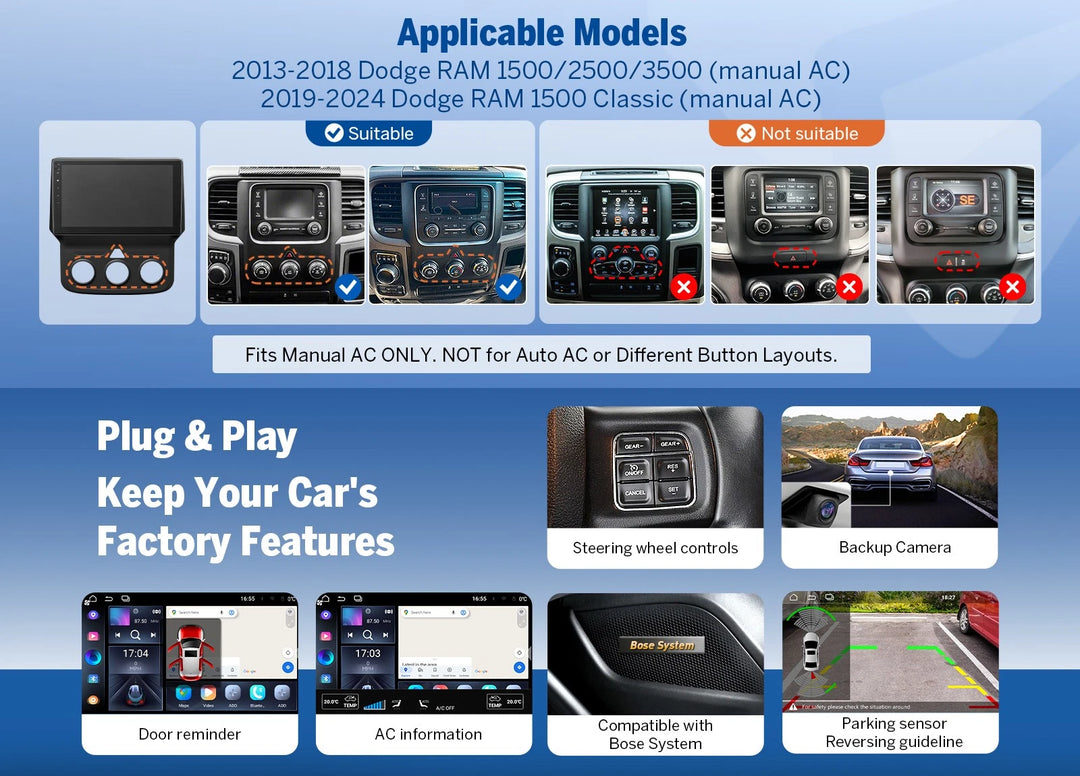 Black 9-inch car stereo with Google-style navigation, steering wheel controls, backup camera, and “Plug & Play” text.