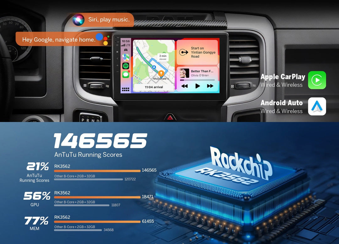 Black 9-inch car stereo with Android 14, Apple CarPlay, wired & wireless, 16,656 km, 21% faster.