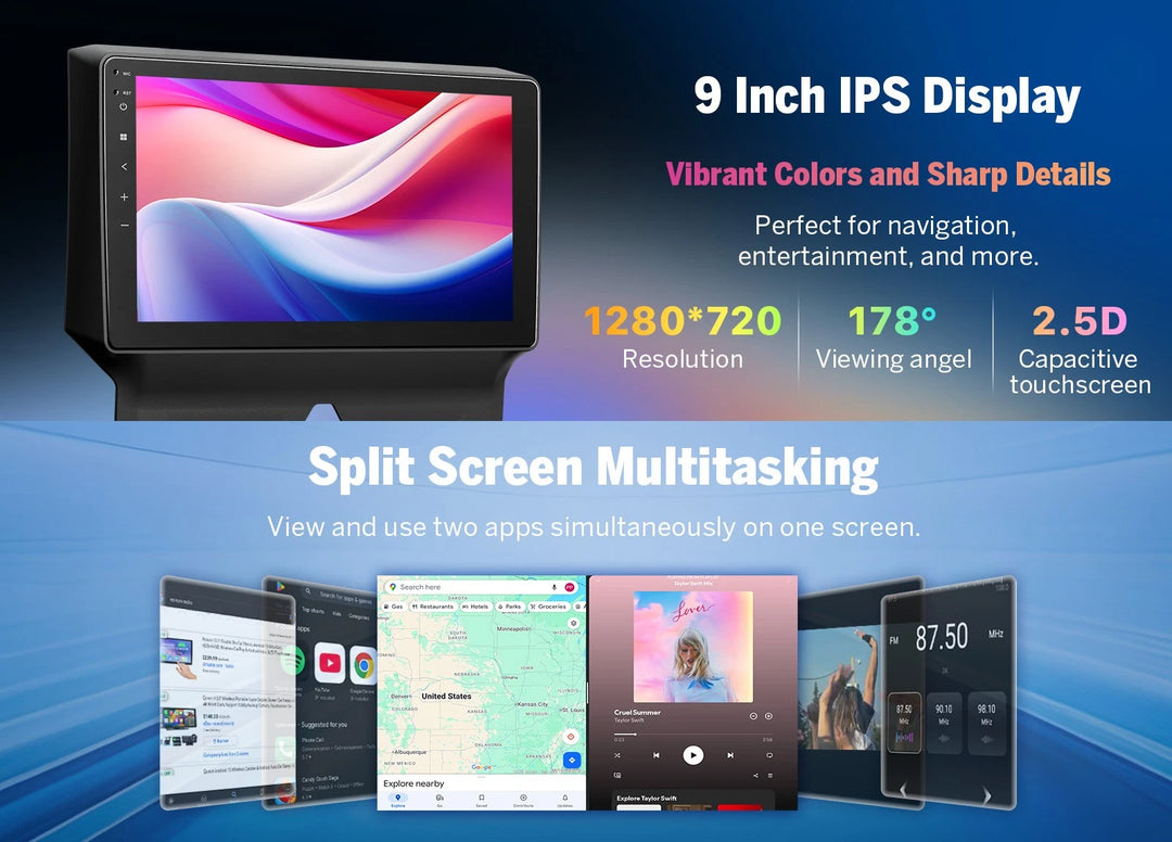 Black 9-inch car stereo with vibrant colors, sharp details, split screen multitasking, and visible app icons.