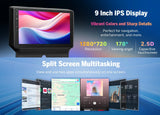 Black 9-inch car stereo with vibrant colors, sharp details, split screen multitasking, and visible app icons.