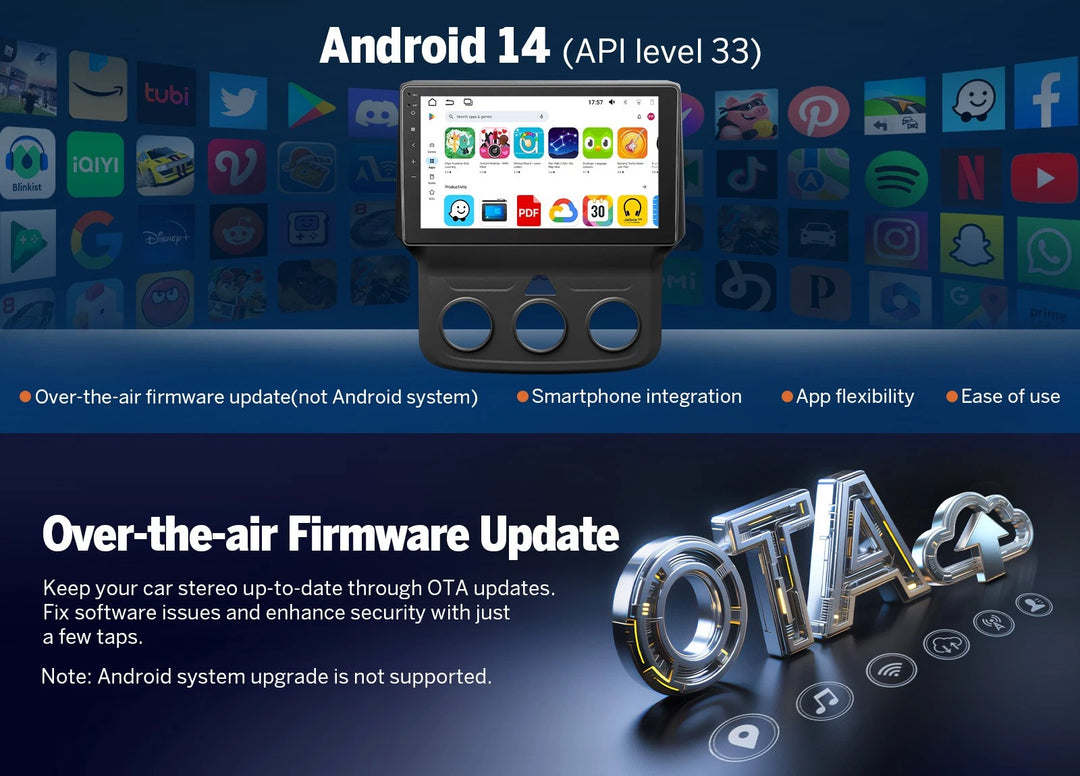 Black 9-inch car stereo with Android 14, showing home screen with apps and text “Over-the-air Firmware Update.”