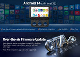 Black 9-inch car stereo with Android 14, showing home screen with apps and text “Over-the-air Firmware Update.”