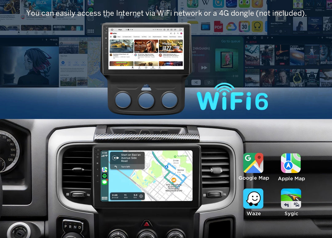 Android 14 car stereo with touchscreen, WiFi 6, Google Maps, Apple Map, and Waze icons on black trim.