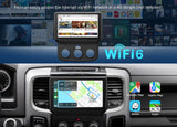 Android 14 car stereo with touchscreen, WiFi 6, Google Maps, Apple Map, and Waze icons on black trim.