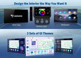Black 9-inch car stereo with Android 14, screen shows 3 sets of UI themes, map, and home apps.