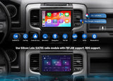 Black 9-inch car stereo with Android 14, side buttons, Bluetooth, and “Use Silicon Labs” text on car radio.
