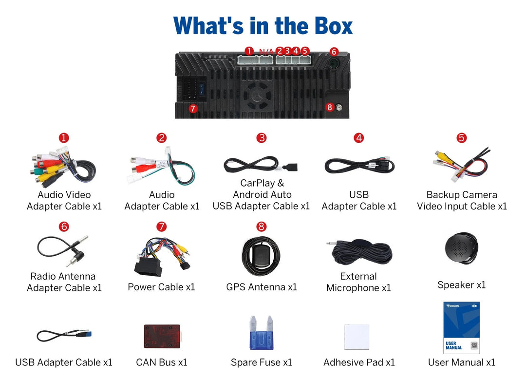 Black 9-inch car stereo with Android 14, multiple input ports, and accessories in a blue box.
