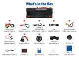 Black 9-inch car stereo with Android 14, multiple input ports, and accessories in a blue box.