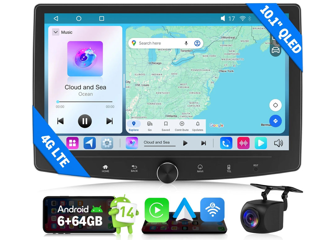 Eonon UX7SK Plus 6+64 2DIN car stereo with black bezel, silver logo, and Android Auto icon on screen.