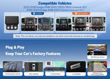 Car stereo 6+64 Android CarPlay radio for RAM 2500 2013–2018 with compatible vehicles shown and features list.