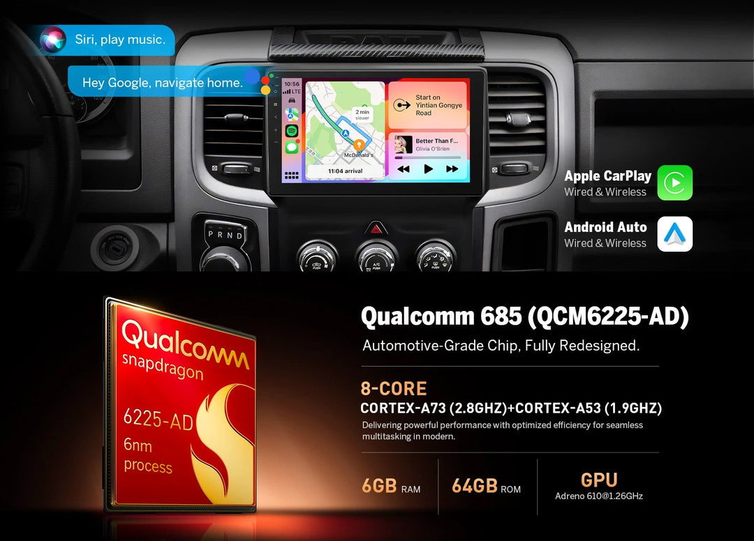 Car stereo with touchscreen displaying Android CarPlay radio, surrounded by red and black car stereos.