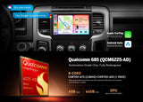 Car stereo with touchscreen displaying Android CarPlay radio, surrounded by red and black car stereos.