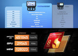 Black Car Stereo 6+64 Android CarPlay radio with Qualcomm Snapdragon 8-core CPU, GPU, and RAM specs on blue and red pages.