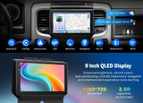 Car stereo with 6+64 Android CarPlay radio, black bezel, 9-inch QLED display, and blue text box with product features.
