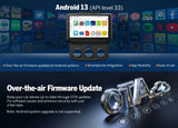 Black car stereo with side panel showing Android 13 (API level 33) screen, apps, and “Over-the-air firmware update” text.