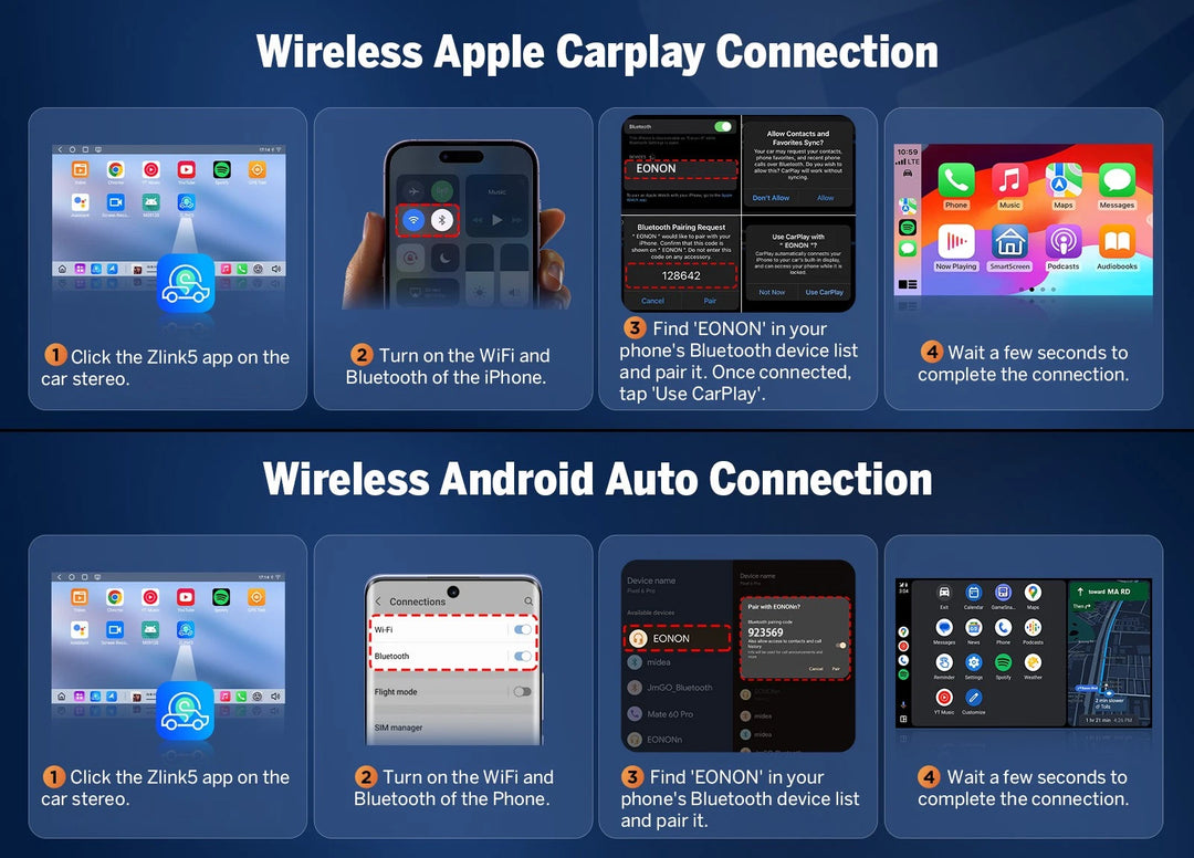 Car stereo with 6+64 Android CarPlay radio, screen shows home apps and Bluetooth device.