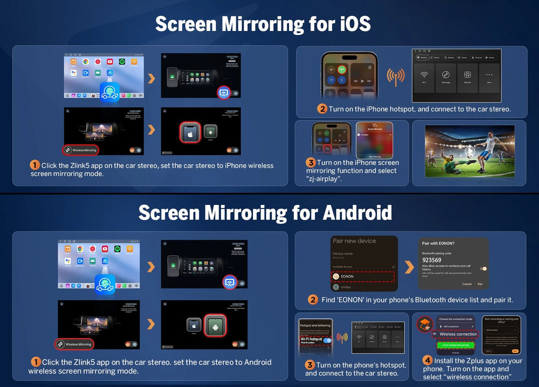 Car stereo with black trim, showing screen mirroring setup for iOS and Android devices, including pairing and control options.