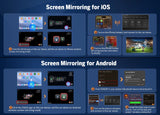 Car stereo with black trim, showing screen mirroring setup for iOS and Android devices, including pairing and control options.