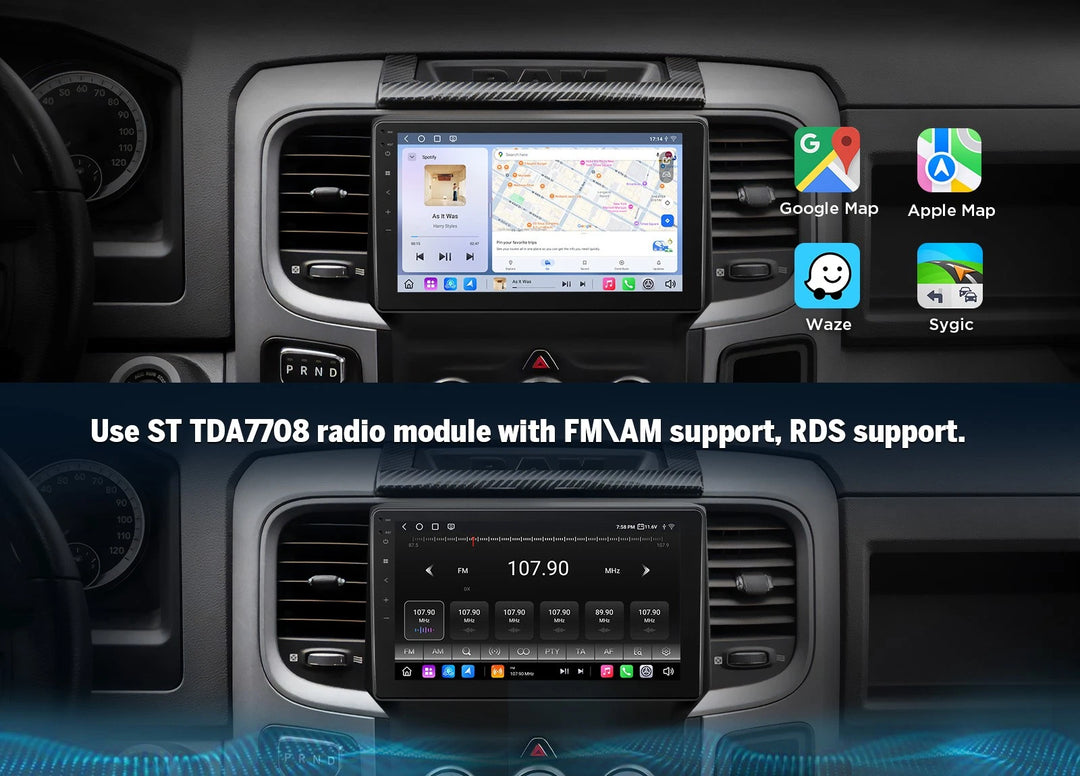 Car stereo with touchscreen displaying 6+64 Android CarPlay radio, Google Maps, Apple Map, and Sygic.
