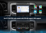 Car stereo with touchscreen displaying 6+64 Android CarPlay radio, Google Maps, Apple Map, and Sygic.