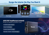 Car stereo with touchscreen, buttons, and gold A303 DSP amplifier box on blue background.