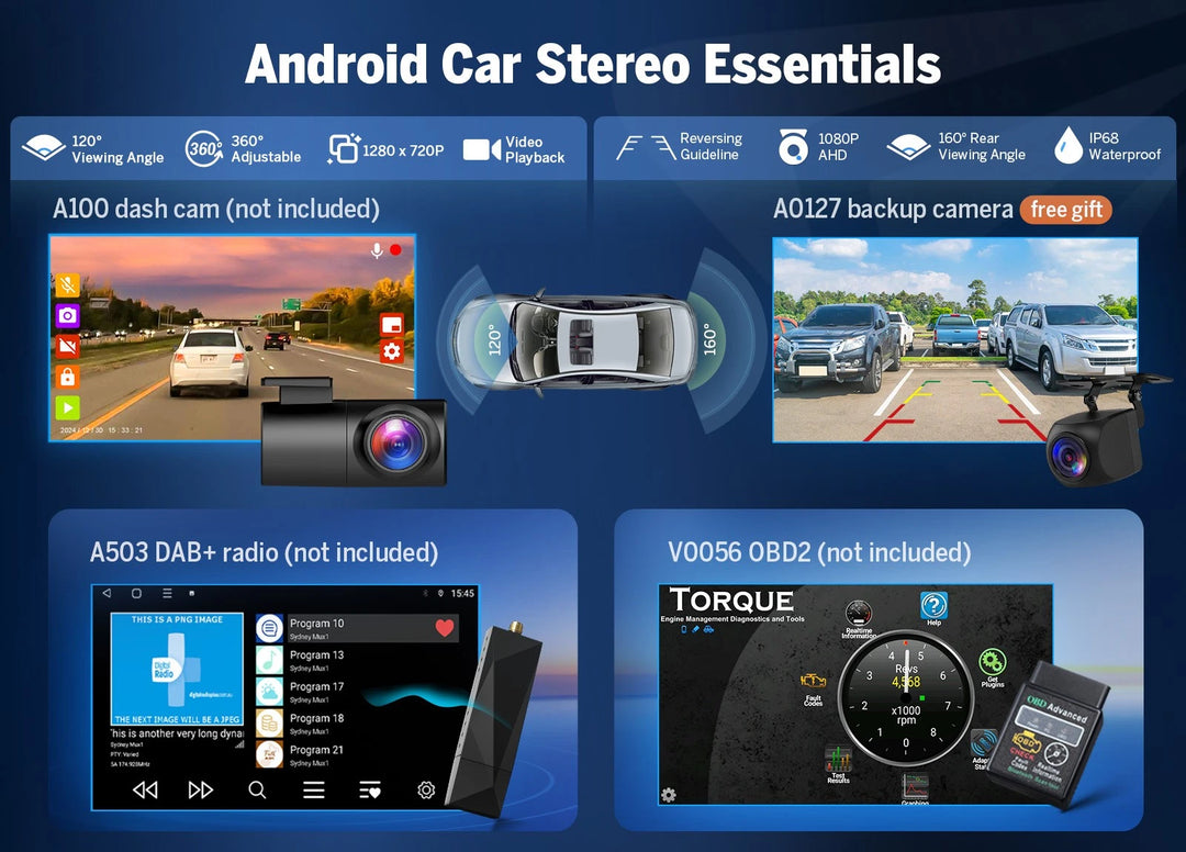 Android CarPlay radio with black trim, shown with A100 dash cam, A127 backup camera, and V0056 OBD2 adapter.