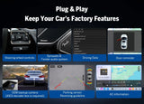 Black VWX6S PRO Android car stereo with 8+128 tuner, steering wheel controls, camera, and AC info on dark screen.