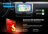 VWX6S PRO Android car stereo with touchscreen, showing Google Maps, Apple CarPlay, and Qualcomm Snapdragon 685 chip.