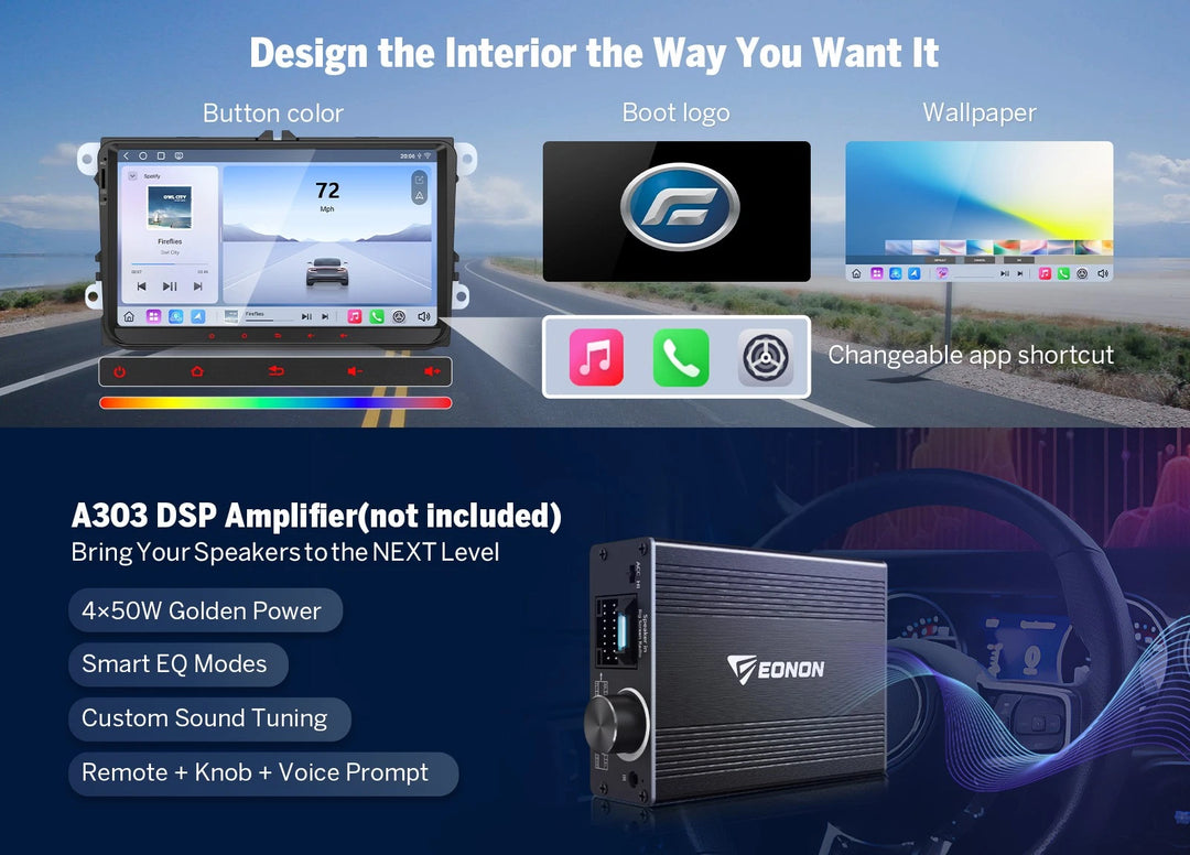 VWX6S PRO Android car stereo with 8+128 screen, blue/black trim, and matching A303 DSP Amplifier box.
