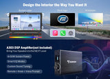 VWX6S PRO Android car stereo with 8+128 screen, blue/black trim, and matching A303 DSP Amplifier box.