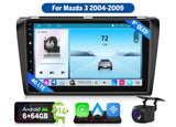 Black 2004-2009 Mazda 3 M3BKX7S radio with 9-inch LED screen, 4G LTE, and Android 6+64GB storage.